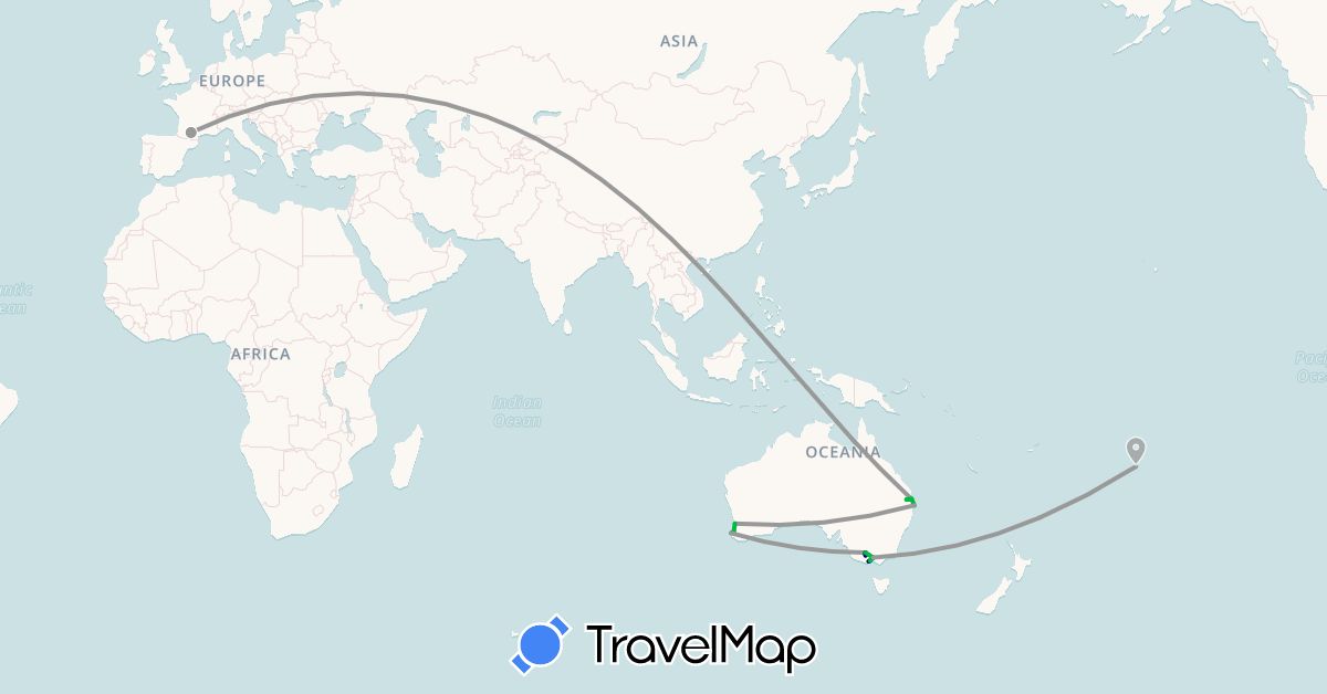TravelMap itinerary: driving, bus, plane in Australia, Cook Islands, France (Europe, Oceania)