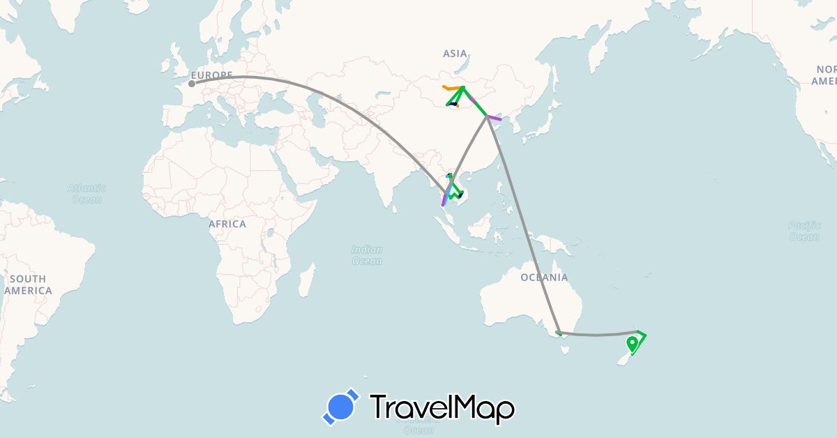 TravelMap itinerary: driving, bus, plane, train, boat, hitchhiking in Australia, China, France, Cambodia, Laos, Mongolia, New Zealand, Thailand (Asia, Europe, Oceania)